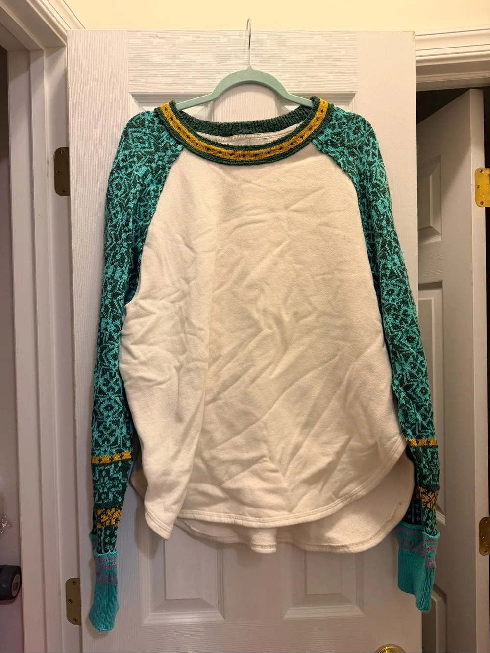 Free People Cream Raglan Sweatshirt with Teal Patterned Sleeves and Mustard Trim